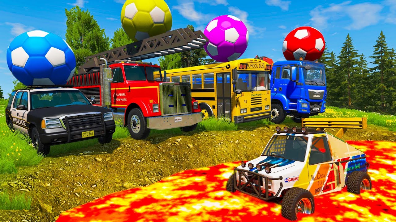 Flatbed Trailer Truck Rescue Bus - Cars vs Slide Colors - Cars vs Rails and Trains - BeamNG Drive #2