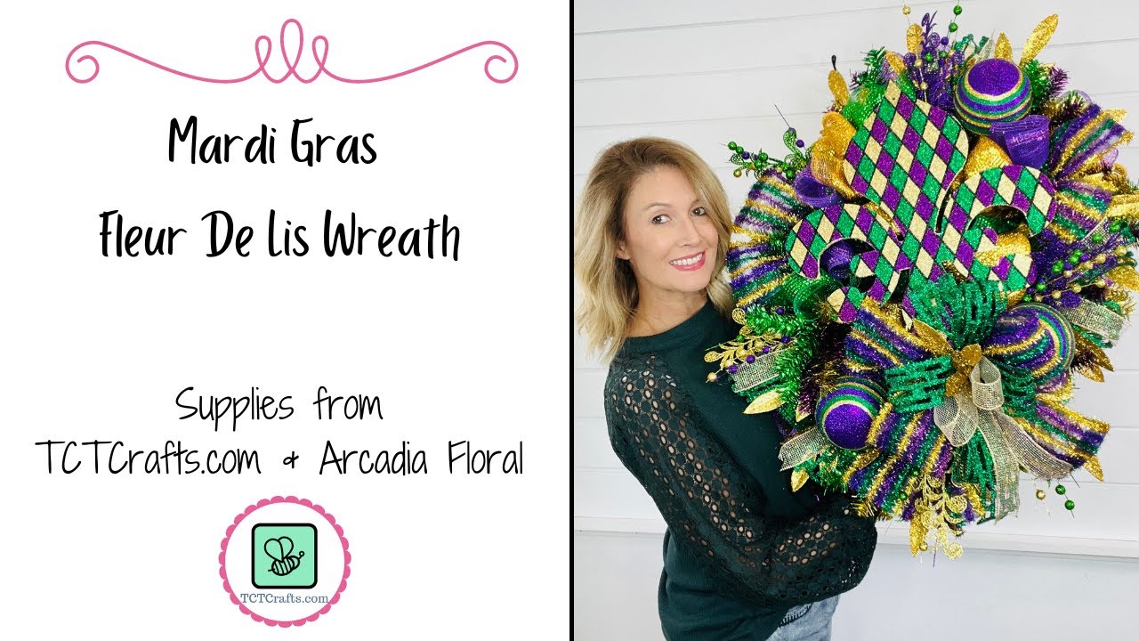 DIY Mardi Gras Deco Mesh Wreath Tutorial / TCT Crafts Step By Step Mardi Gras Wreath with Sign