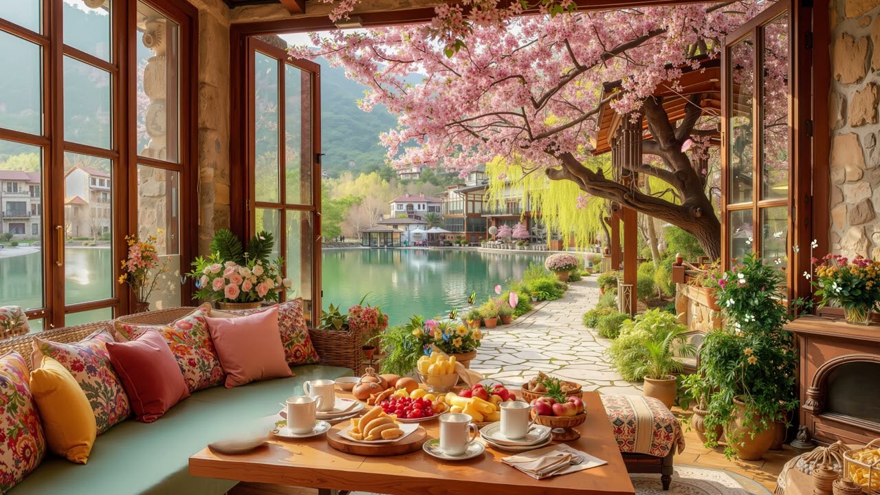 Peaceful Spring Lakeside Porch Ambience 🌿| Soft Jazz Piano & Cozy Fireplace Warmth for Relaxing Mood