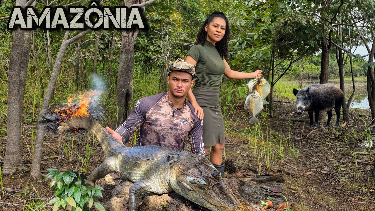 ACAMPAMENTO NA SELVA, com FERAS SELVAGENS, PESCANDO PARA SOBREVIVÊNCIA na FLORESTA ALAGADA 