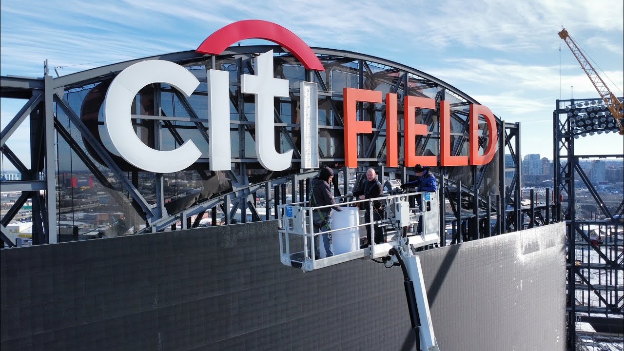 Citi Field Ballpark - New York City - Sign Installation Above Samsung Scoreboard - Alpha Platforms