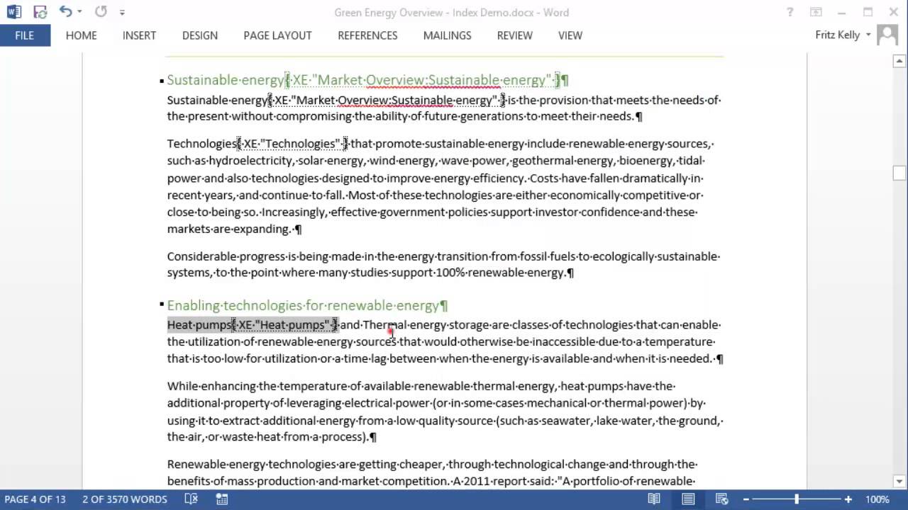 How to create an Index in Word 2013