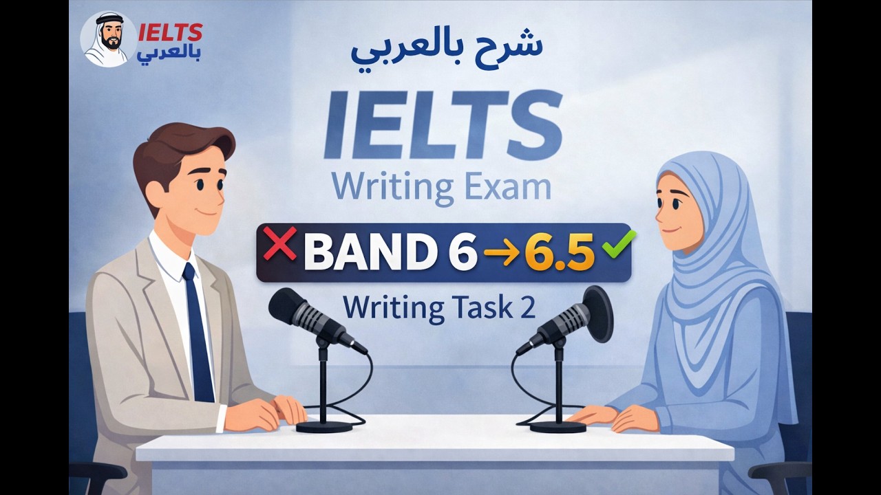 IELTS Writing Task 2 بالعربي | خطة Band 6 إلى 6.5 + أمثلة كاملة + خطة تدريب أسبوع