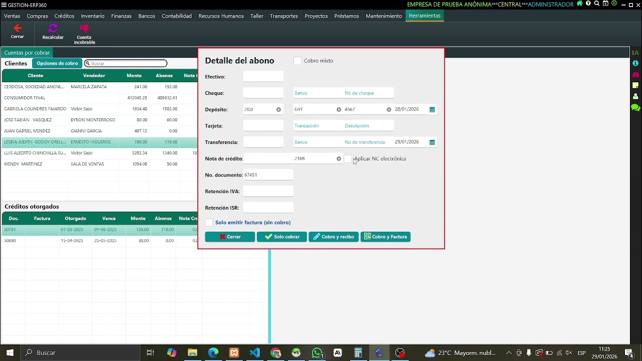 Proceso para cobros y pagos de créditos - GestionERP - 360