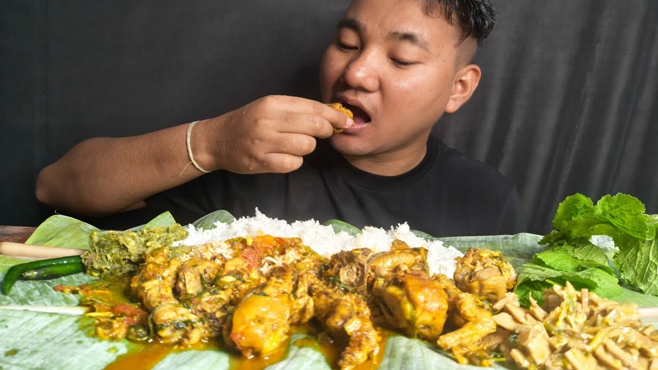 MUKBANG: Eating Delicious Chicken Curry +Mustard Leaf+Jackfruit || Pintu Mukbang 