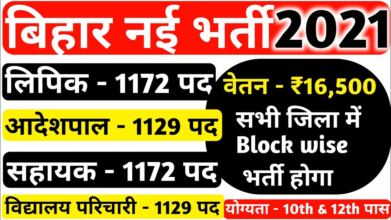 बिहार में 4602 पदो पर बंपर भर्ती, Bihar Block Level Recruitment 2021, लिपिक, सहायक, आदेशपाल, पारिचार