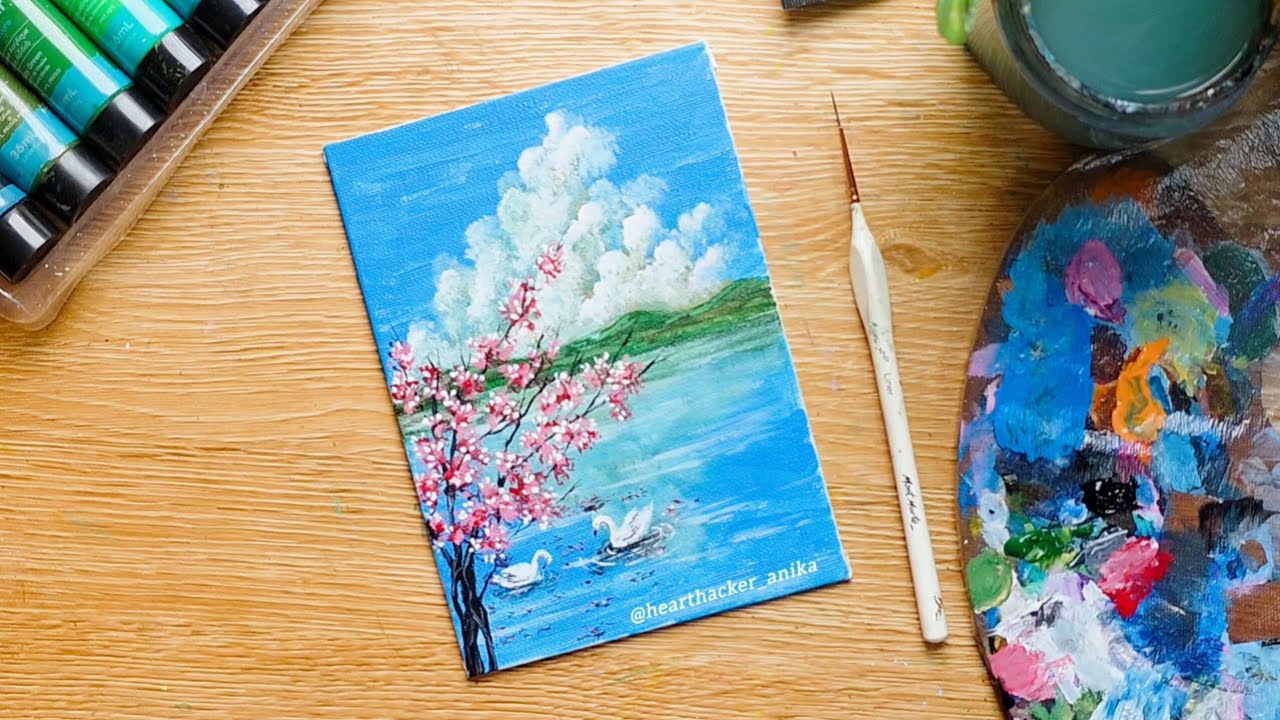 Easy Cherry Blossom/Swan Lake Acrylic Painting Tutorial for Beginners/Step-by-Step/Spring Landscape