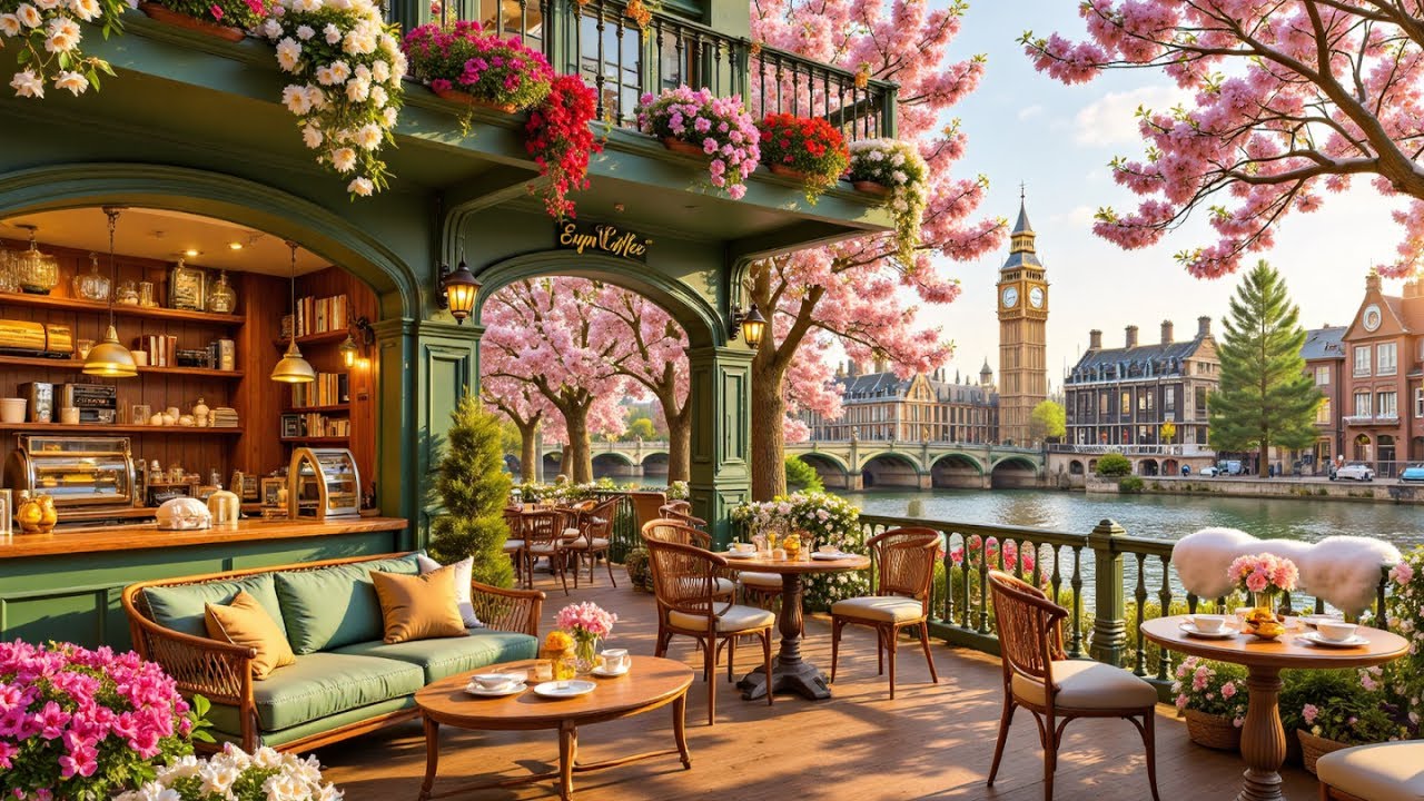 🌸 Spring Coffee Shop Ambience | Tranquil Morning Jazz with Gentle Cherry Blossom for Work, Study