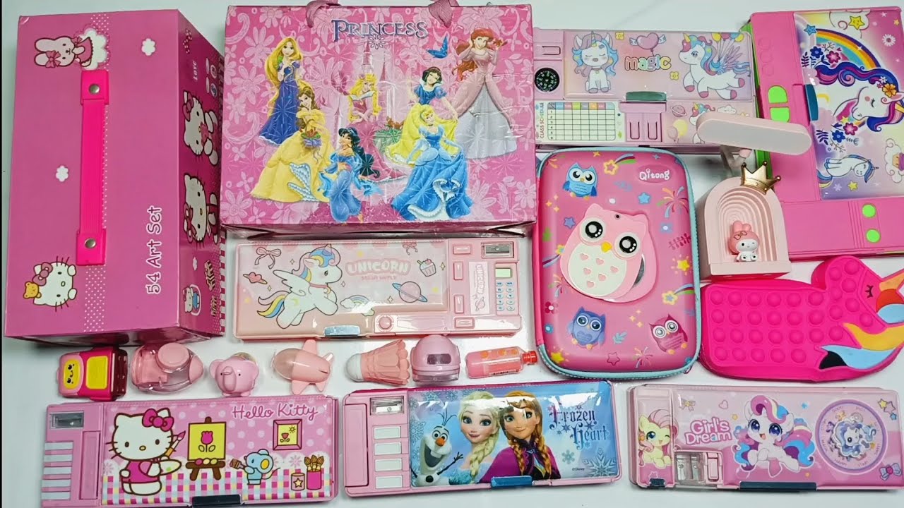 Fantastic pink colour stationery Jumbo haul- unicorn pencil box, 54 pcs art set, princess stationery