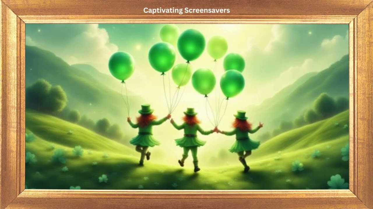 Three Leprechauns Holding onto Balloons | Gold Frame | Winter TV Art Loop | No Sound