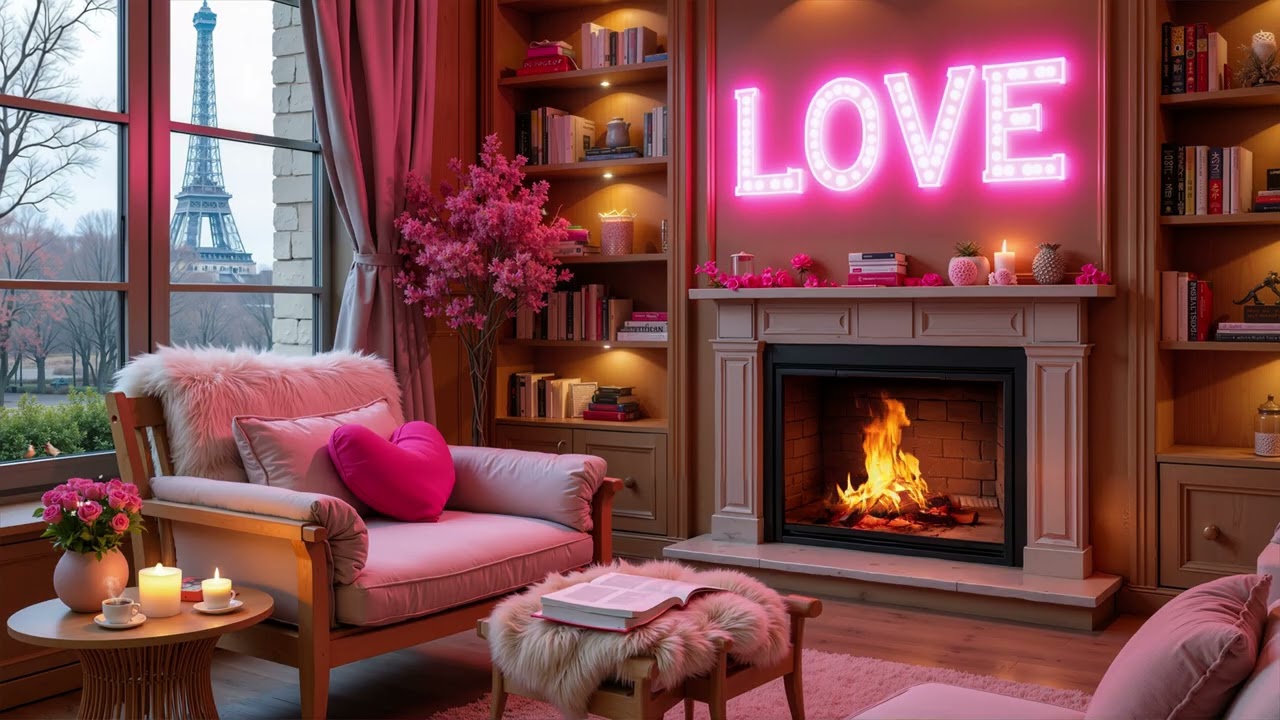 Valentine’s Pink Fireplace Room 💖 Calm Piano Melodies to Ease Stress & Sleep Deeply