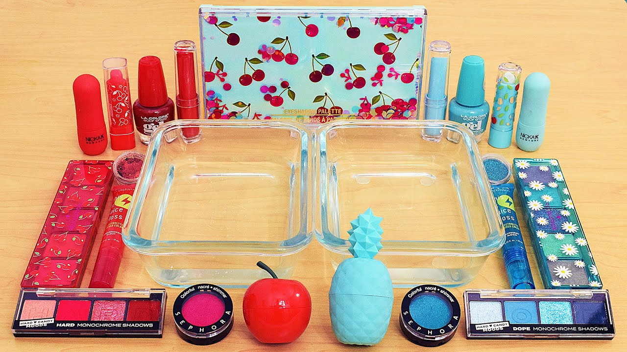 Cherry Red vs Teal - Mixing Makeup Eyeshadow Into Slime ASMR