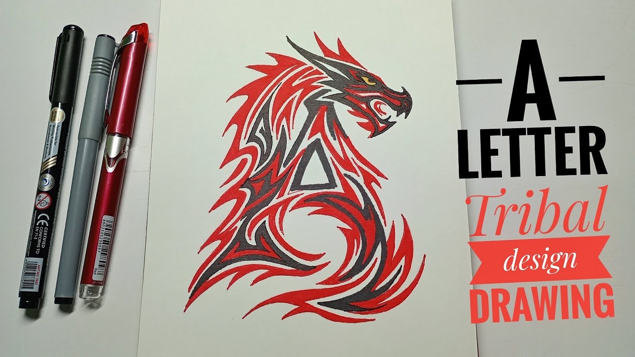 A Letter Dragon Tribal Drawing | Red & Black Dragon Art | Step by Step Tutorial