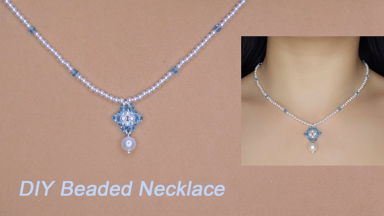 DIY Pearl and Crystal Beaded Pendant Necklace with Blue Bicone Crystal Beads and White Pearls手作串珠项链