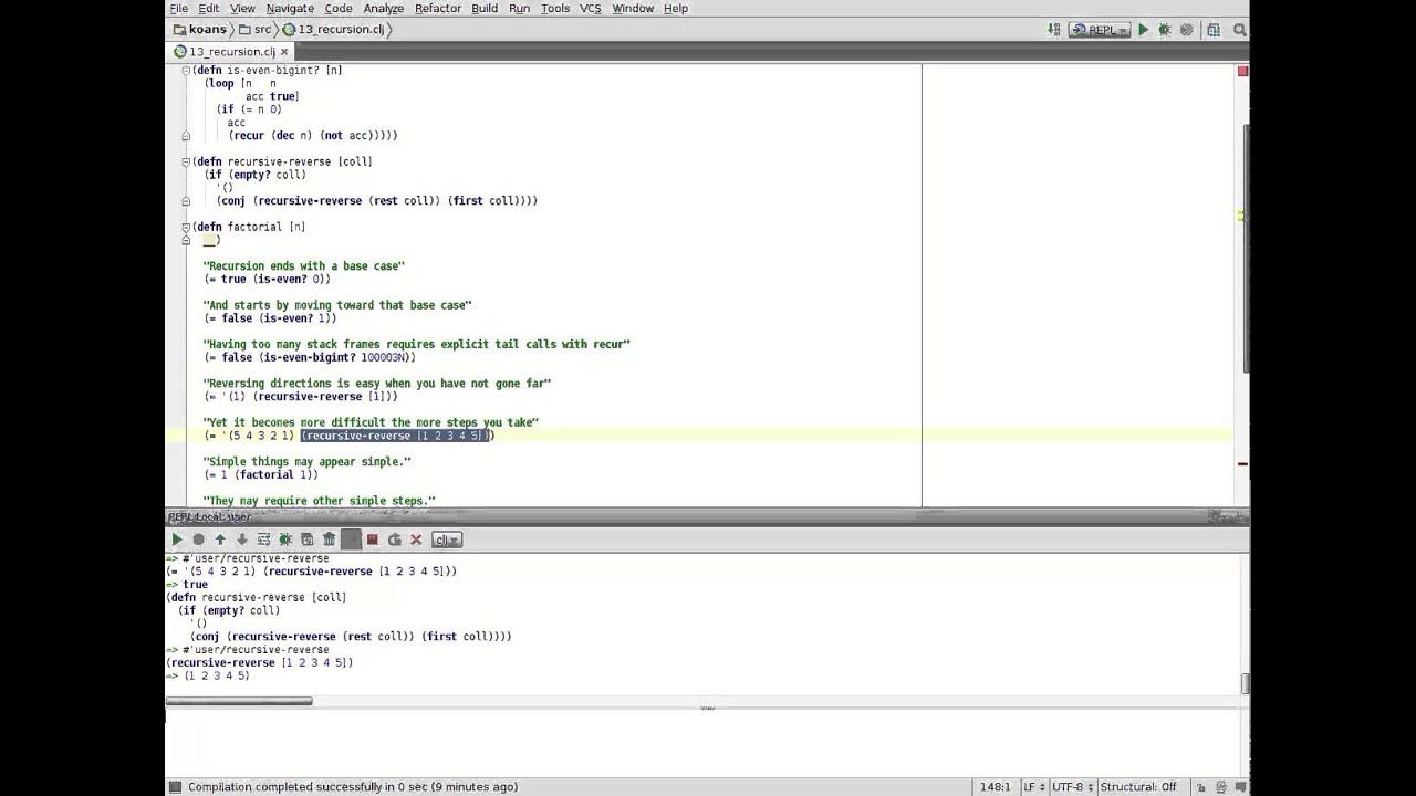 Clojure Koans 13 - Recursion