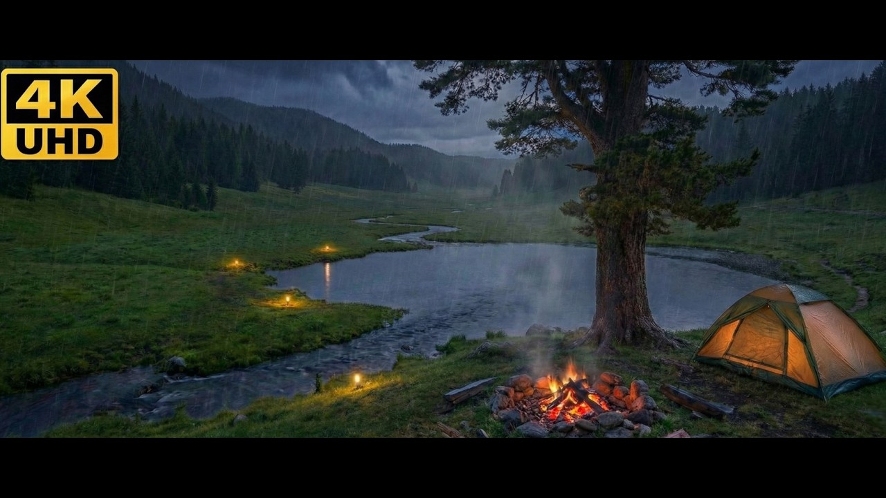 4K UHD Relaxing Forest Rain Sounds | Campfire & Tent | Stress-Free Night ( ASMR )