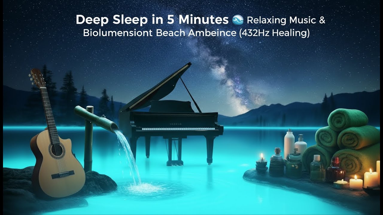 Deep Sleep in 5 Minutes: 8 Hours of Bioluminescent Beach Ambience (432Hz Healing Music)