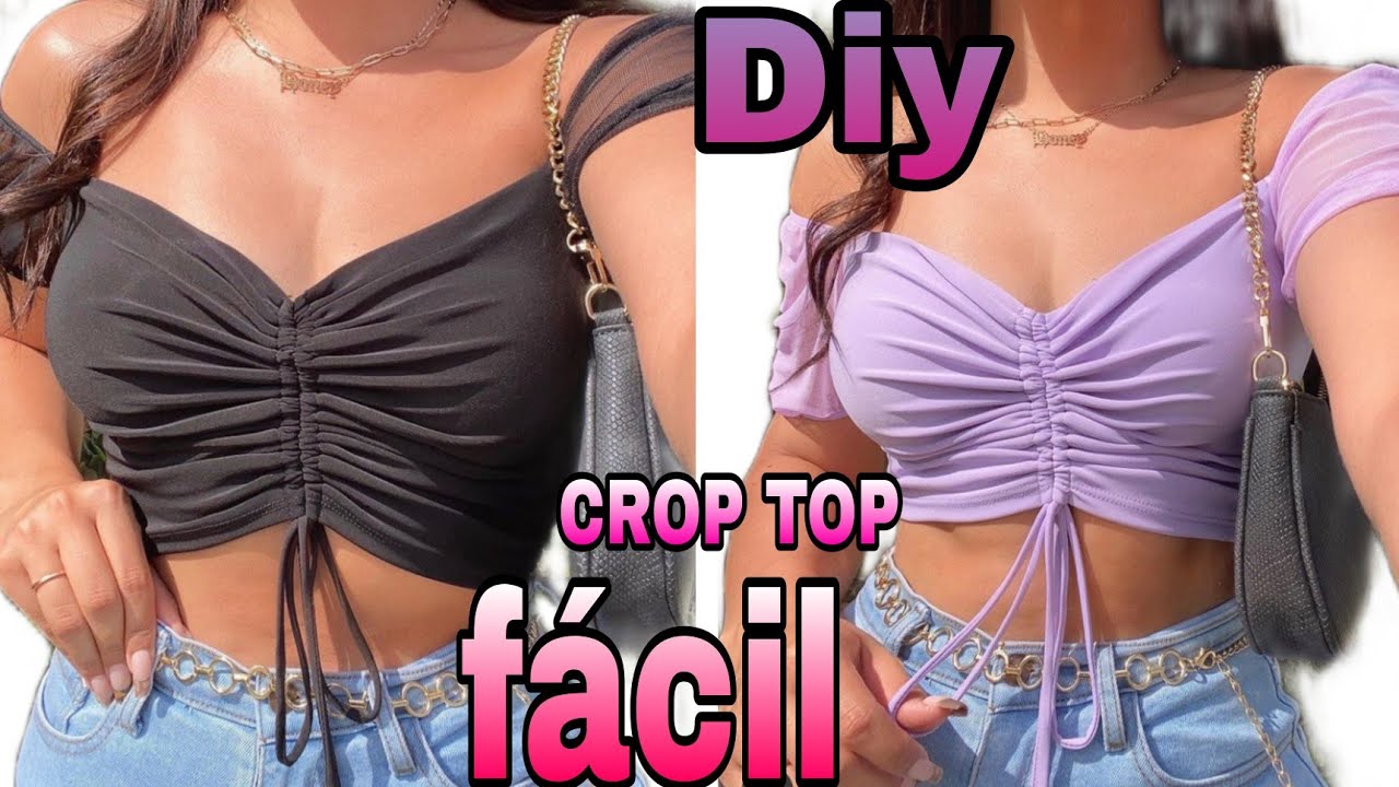 como hacer un crop top aesthetic fácil y rápido, tutorial de crop top con fruncido, crop top diy