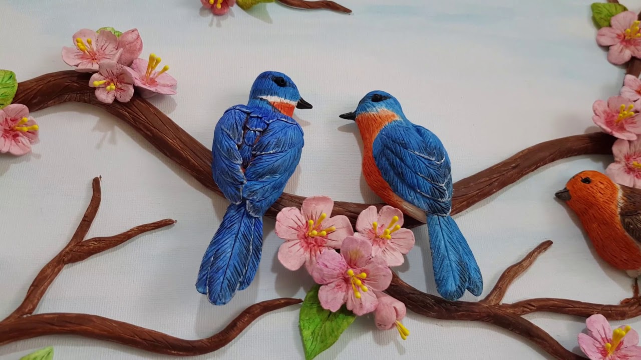 Canvas Clay Art | Cherry Blossom and Singing Birds | 3D CLAY ART PAINTING