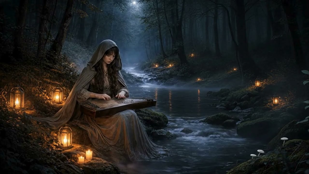A serene night by the stream 🌙🕯️🌥️