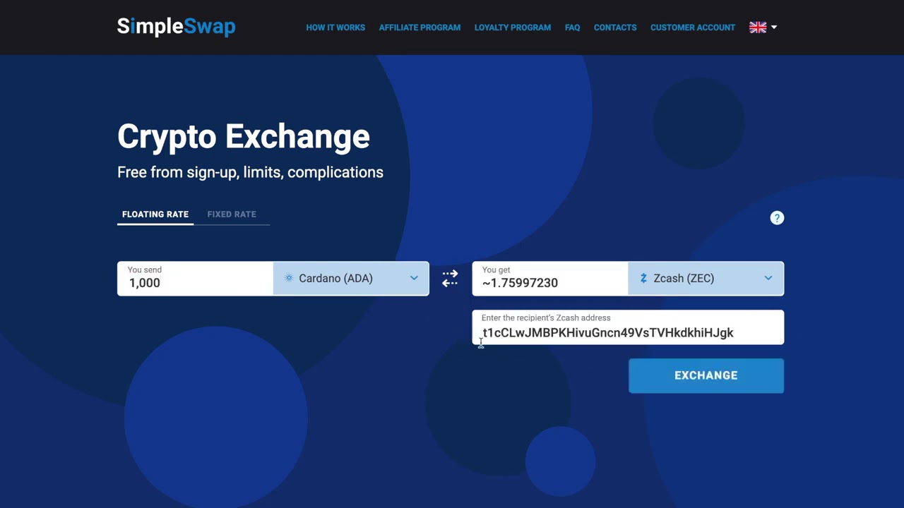 How to buy Zcash on SimpleSwap  Exchange Cardano to Zcash