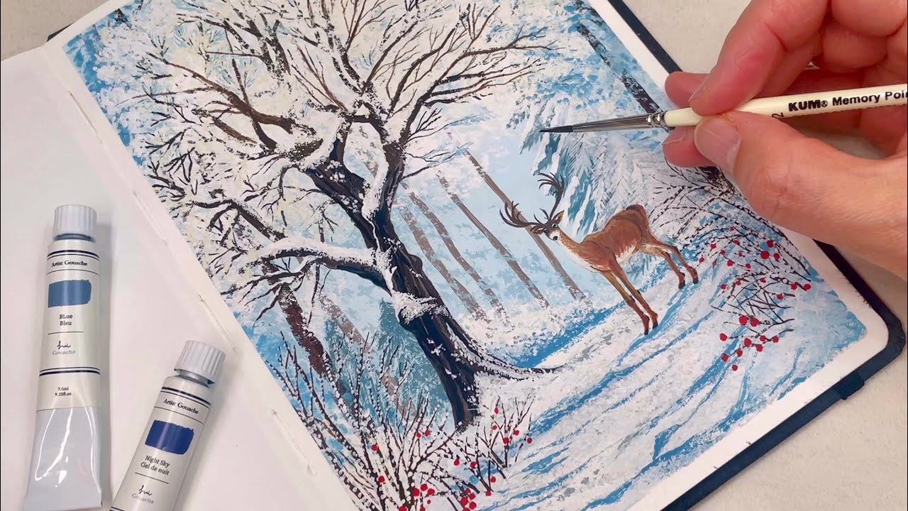 눈 덮인 숲 속 사슴 | 과슈 수채 물감으로 쉽게 그리세요 | Gouache Painting