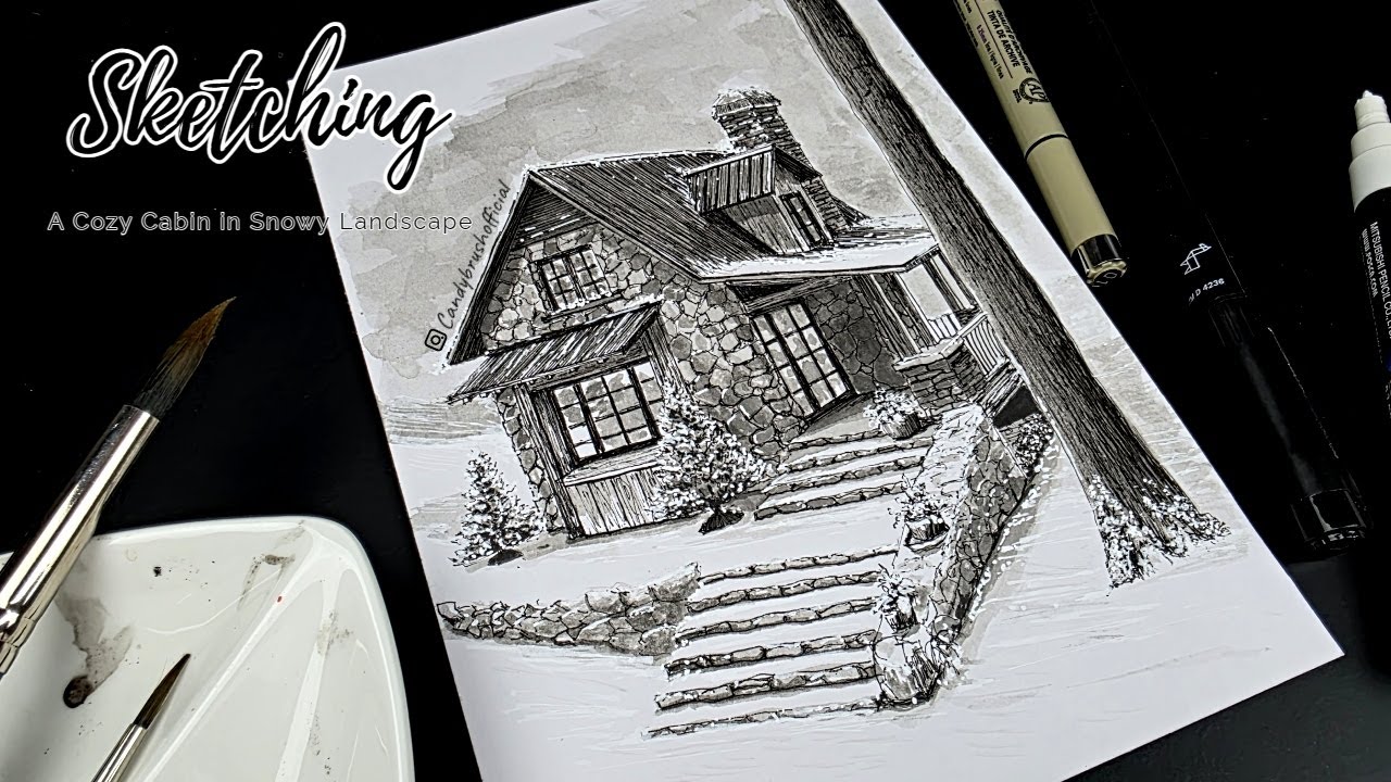 Pen & Ink Drawing #54 | Sketching A Cozy Cabin in Snowy Landscape