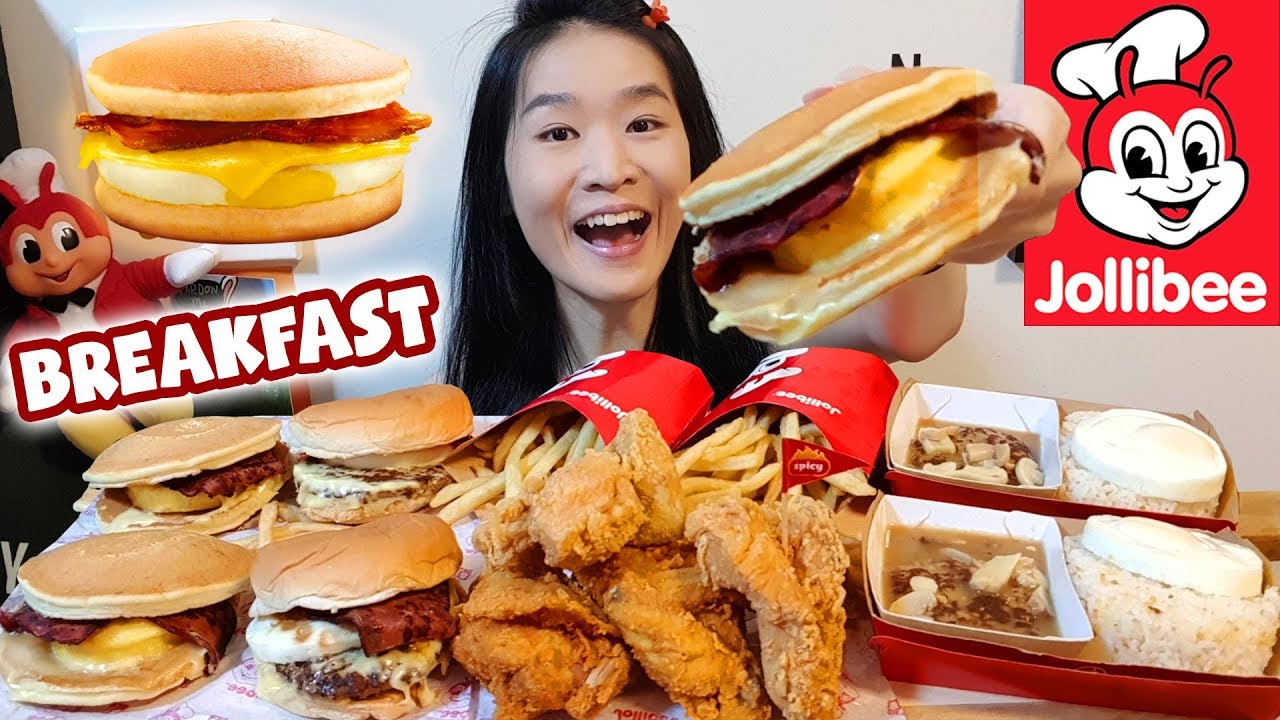 JOLLIBEE BREAKFAST!! Bacon & Egg Pancakes, Yum Burger & Fried Chicken | Mukbang w Asmr Eating Sounds