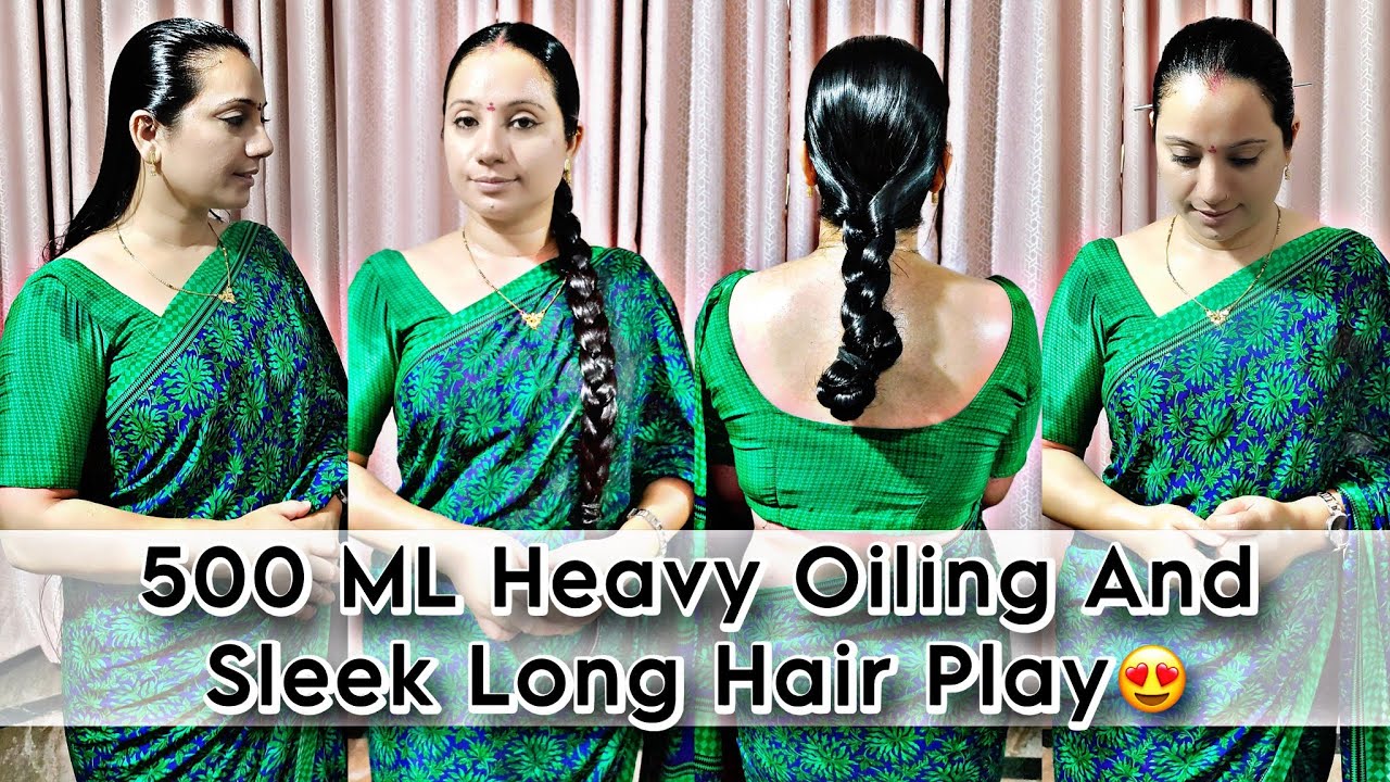 500ml Heavy Oiling & Sleek Hair Makeover in Green Saree | From Oily Bun to Glossy Braid & Stick Bun