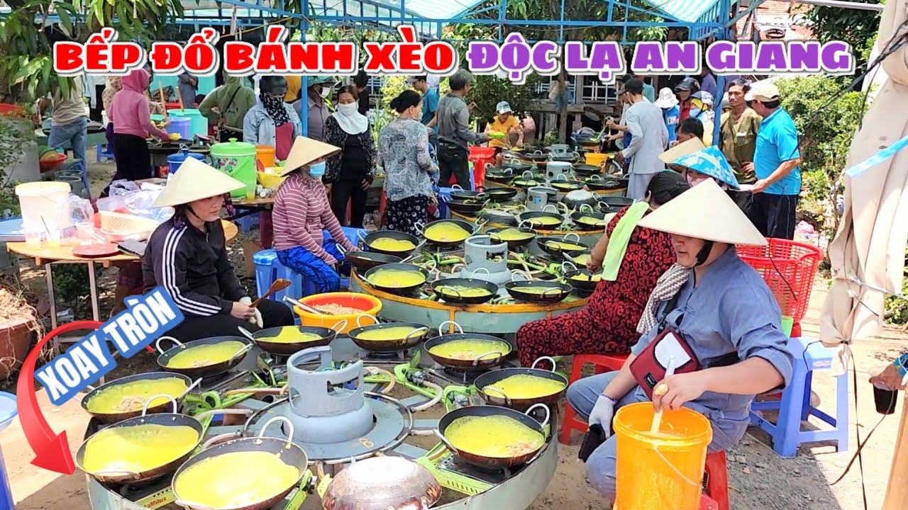 Sáng tạo dàn bếp chiên bánh xèo độc lạ, ngồi yên một chỗ đổ 10 chảo một lượt | Từ thiện An Giang