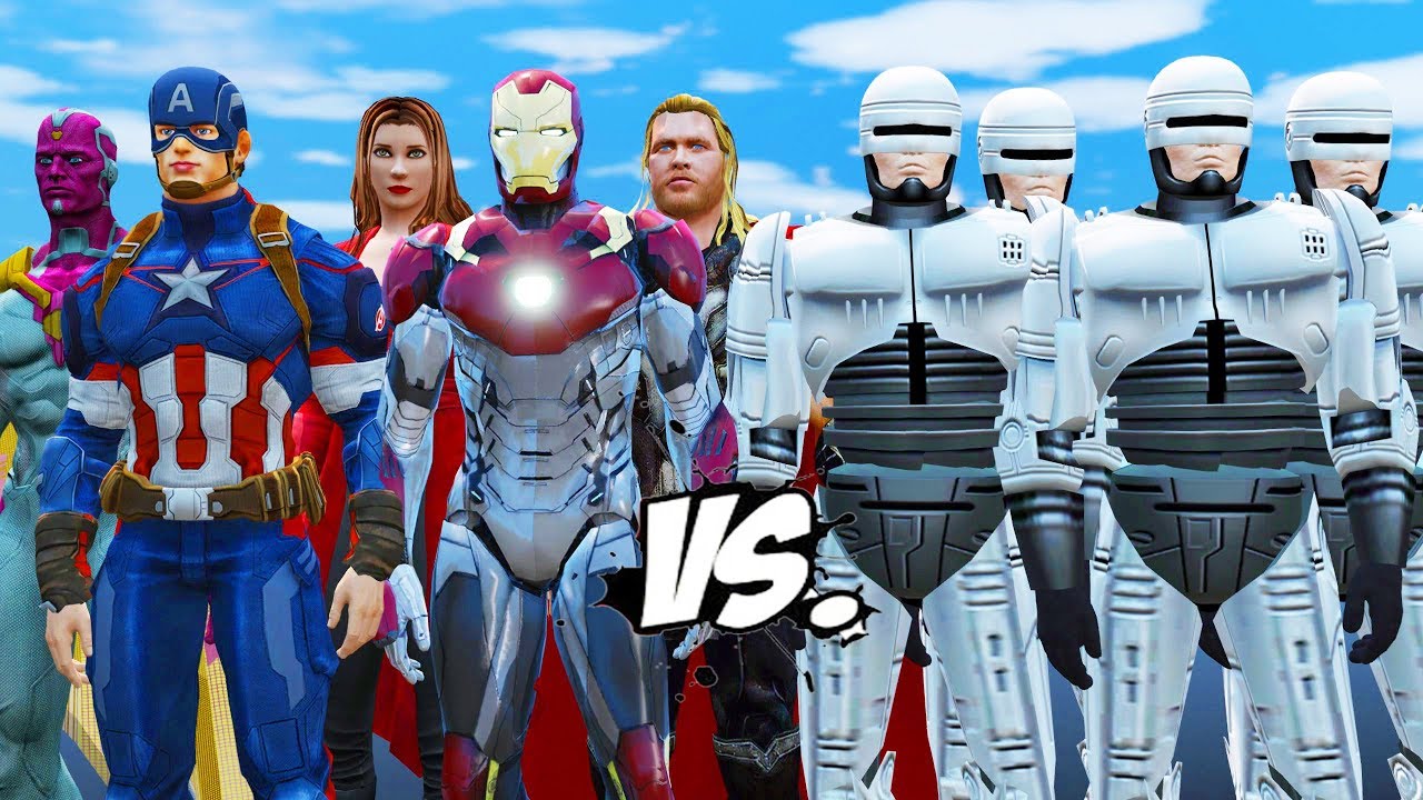 THE AVENGERS VS ROBOCOP ARMY - CAPTAIN AMERICA, IRON MAN, SCARLET WITCH, THOR VS ROBOCOP