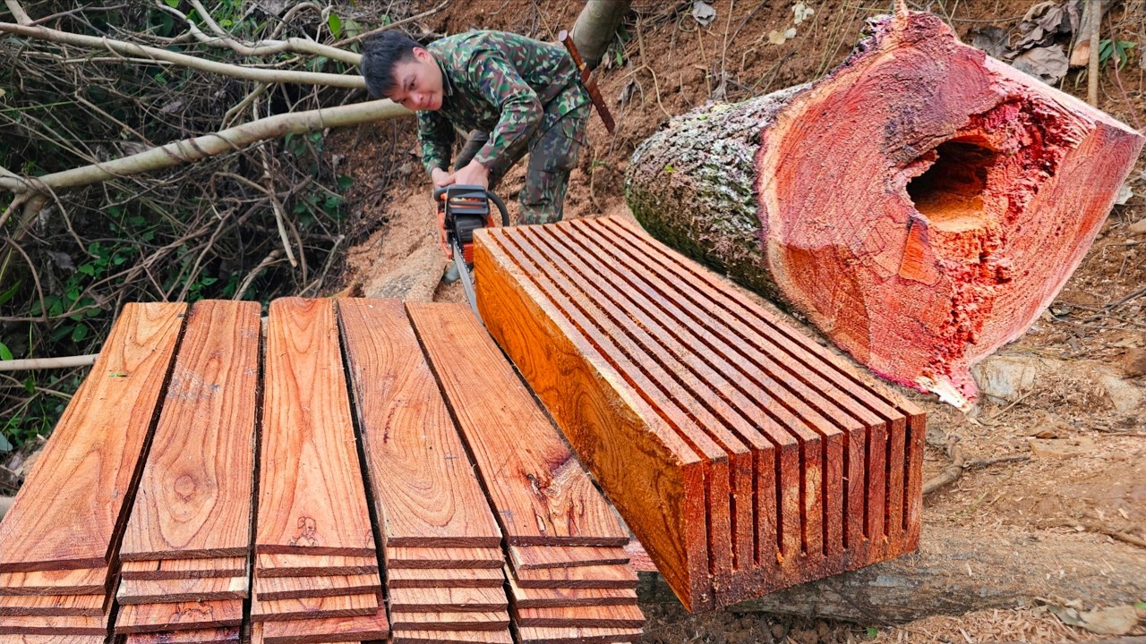 How to use a chainsaw to cut large logs into several straight, neat planks.