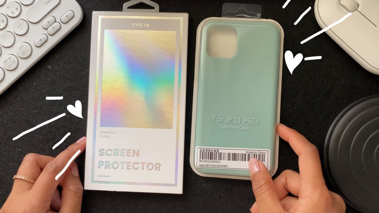 iphone 11 pro privacy screen protector and silicone case from shein (asmr unboxing)