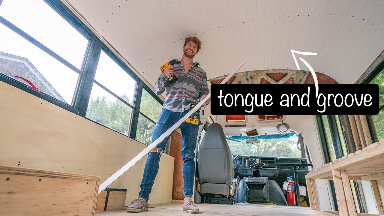 Tongue and Groove Ceiling in School Bus Tiny Home! - Skoolie Build Ep. 14