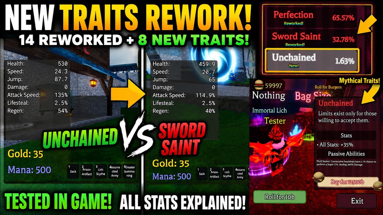 Dead Spells NEW Traits Rework! Which Mythical Trait Is BEST? Unchained vs Sword Saint side-by side