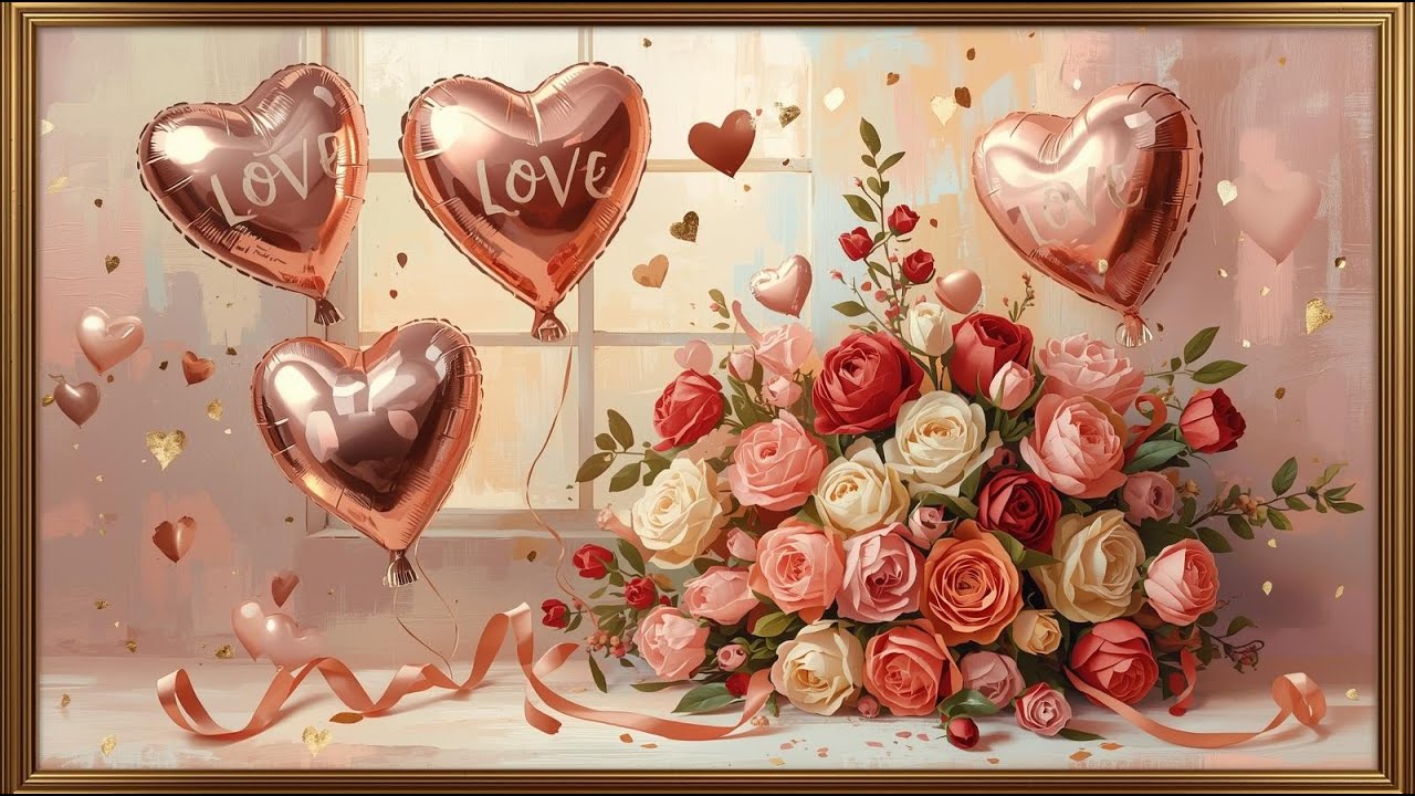 Vintage Valentine Frame TV Art, Dreamy Roses & Heart Balloons | Romantic 4K Screensaver with Music