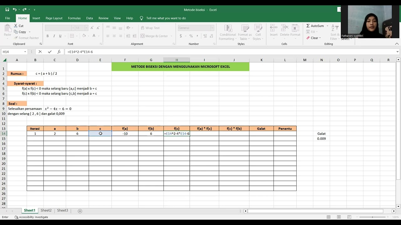 Metode Numerik : Bisection Method menggunakan Microsoft Excel