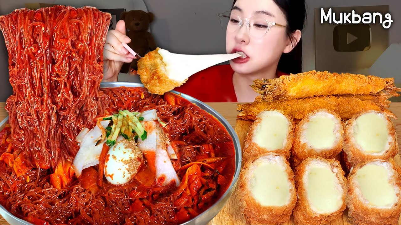 이건 두번째레슨!! 꿀조합은 너만 알기🔥매콤~한 송주불냉면에 직접 튀긴 모짜치즈 가득한! 치즈돈까스와 왕새우 튀김 먹방