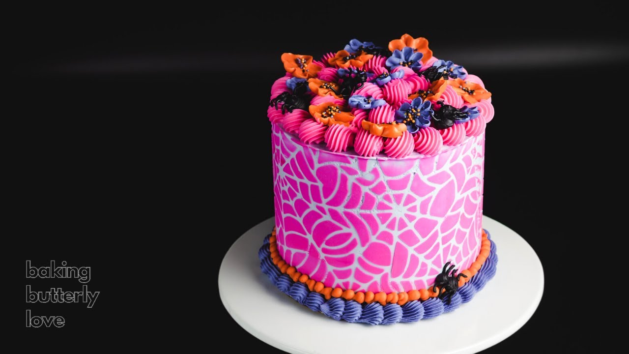 Spider Web Stencil Buttercream Flower Halloween Cake