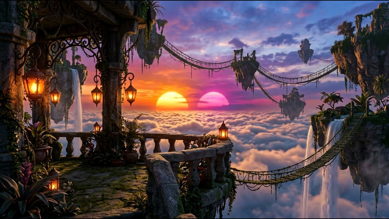 Floating Islands & Waterfalls at Sunset | Fantasy World Ambiance with Relaxing Music | 4 Hours
