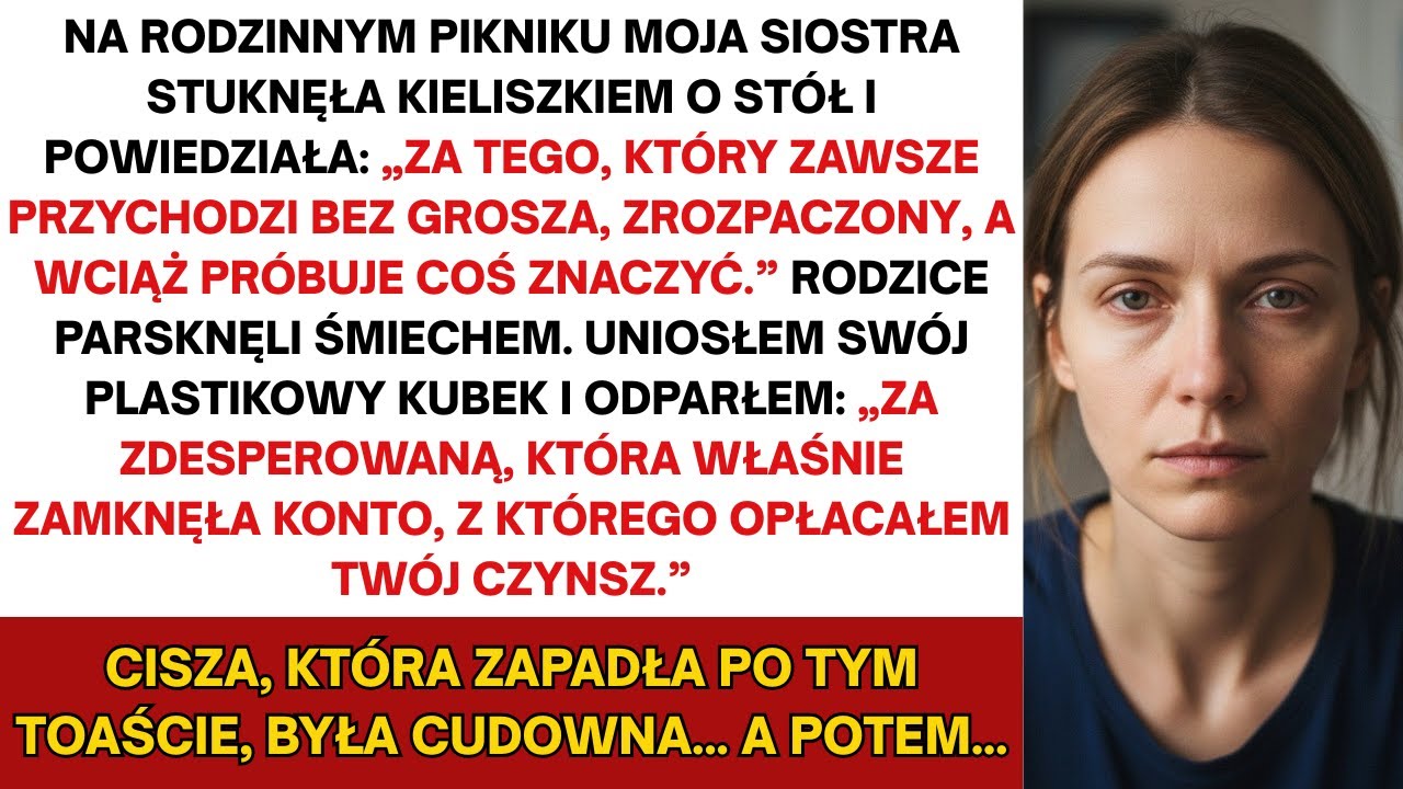 Na rodzinnym pikniku siostra stuknęła kieliszkiem i rzekła: ‘Za tego, co nigdy nie ma grosza...