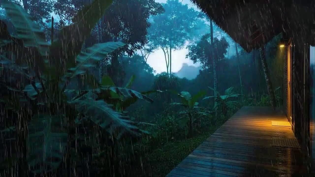Drift to Sleep with Gentle Rain Sounds and Soft Thunder Murmur at Cabin Terrace 🌧️