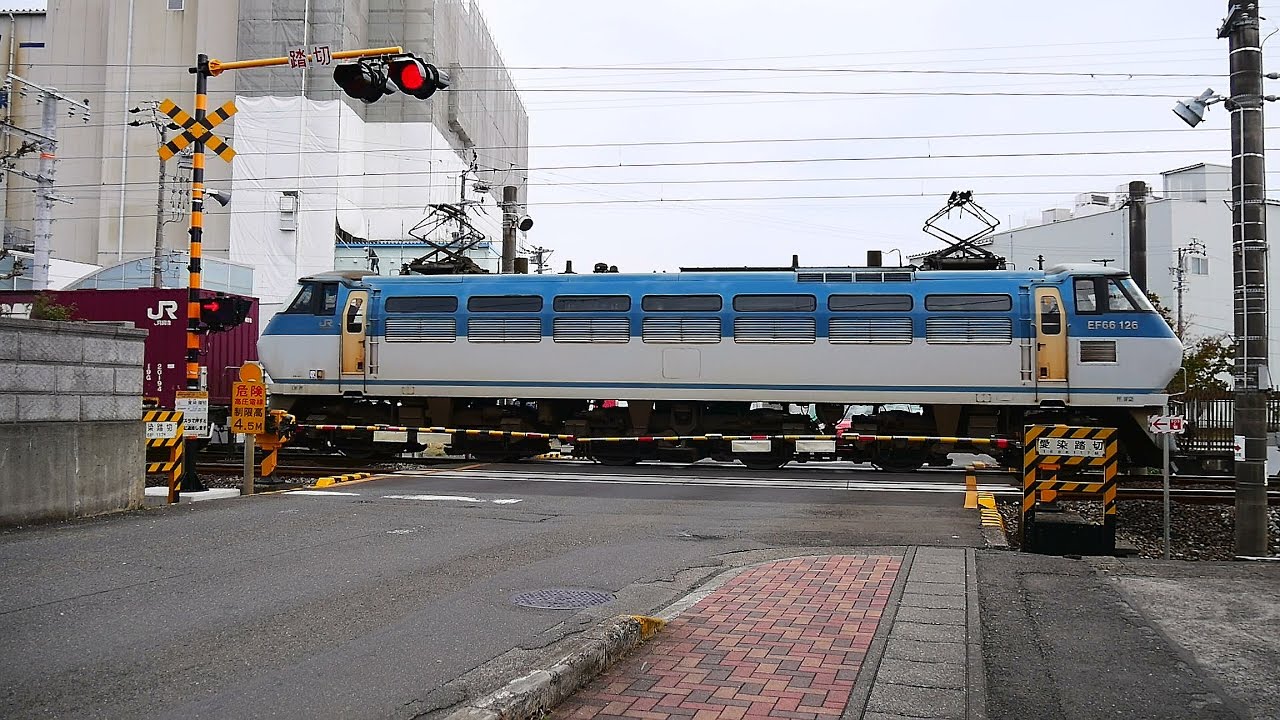 JR 東海道線【No.214】愛染踏切・貨物列車 EF210-132 桃太郎・EF66-126 通過・走行映像　静岡県静岡市清水区