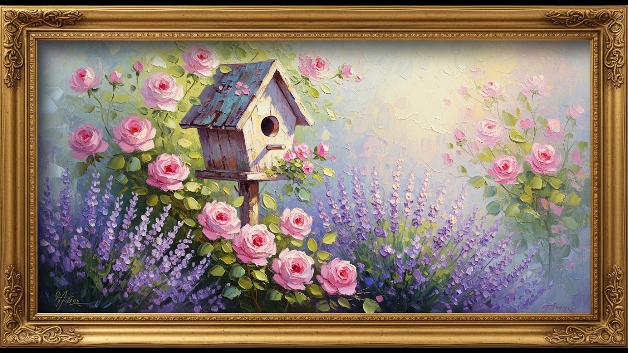 Frame TV Art with Music: Vintage Birdhouse in a Blooming Garden | Background Impasto Floral Painting