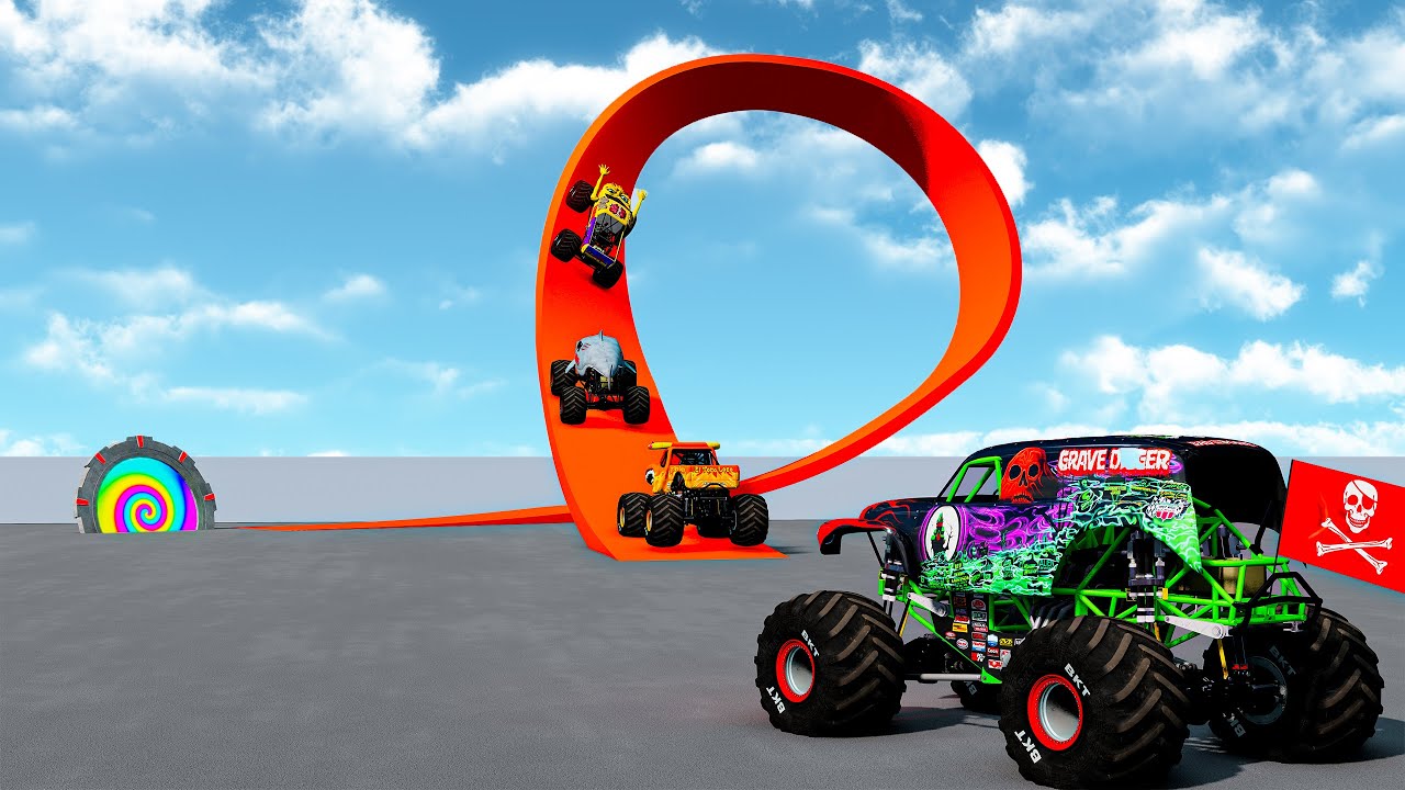 Grave Digger and MONSTER TRUCKS VS Big Spiral Ramp - Monster Truck Crashes