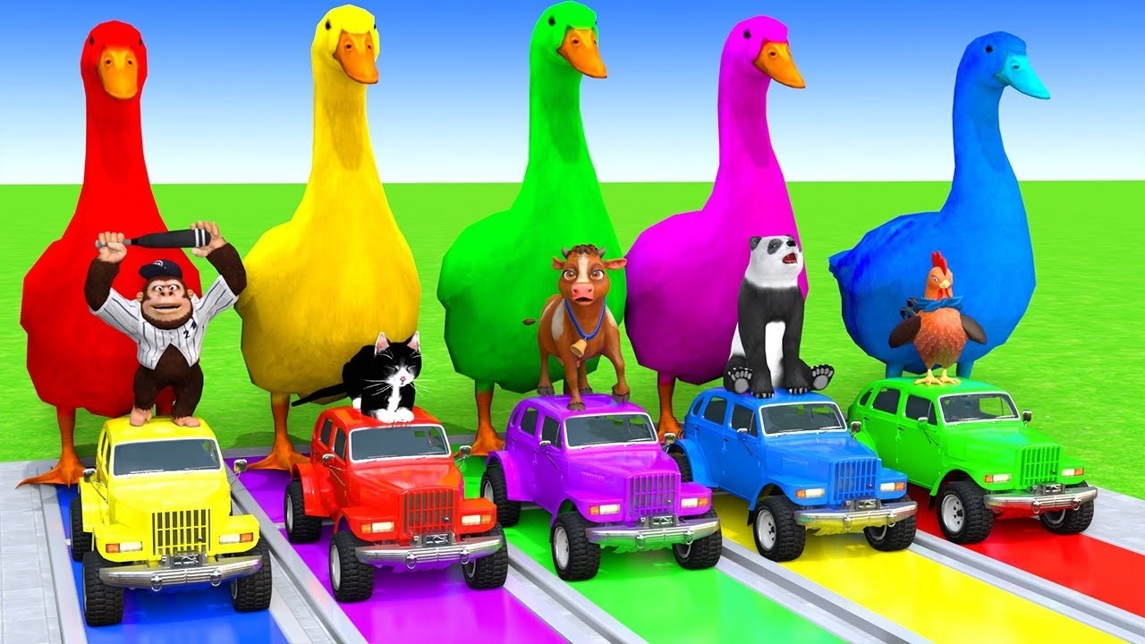 5 Giant Duck Cartoon,Cow,Elephant,Tiger,Dinosaur,Paint Wild Animals Crossing Fountain Animation #518