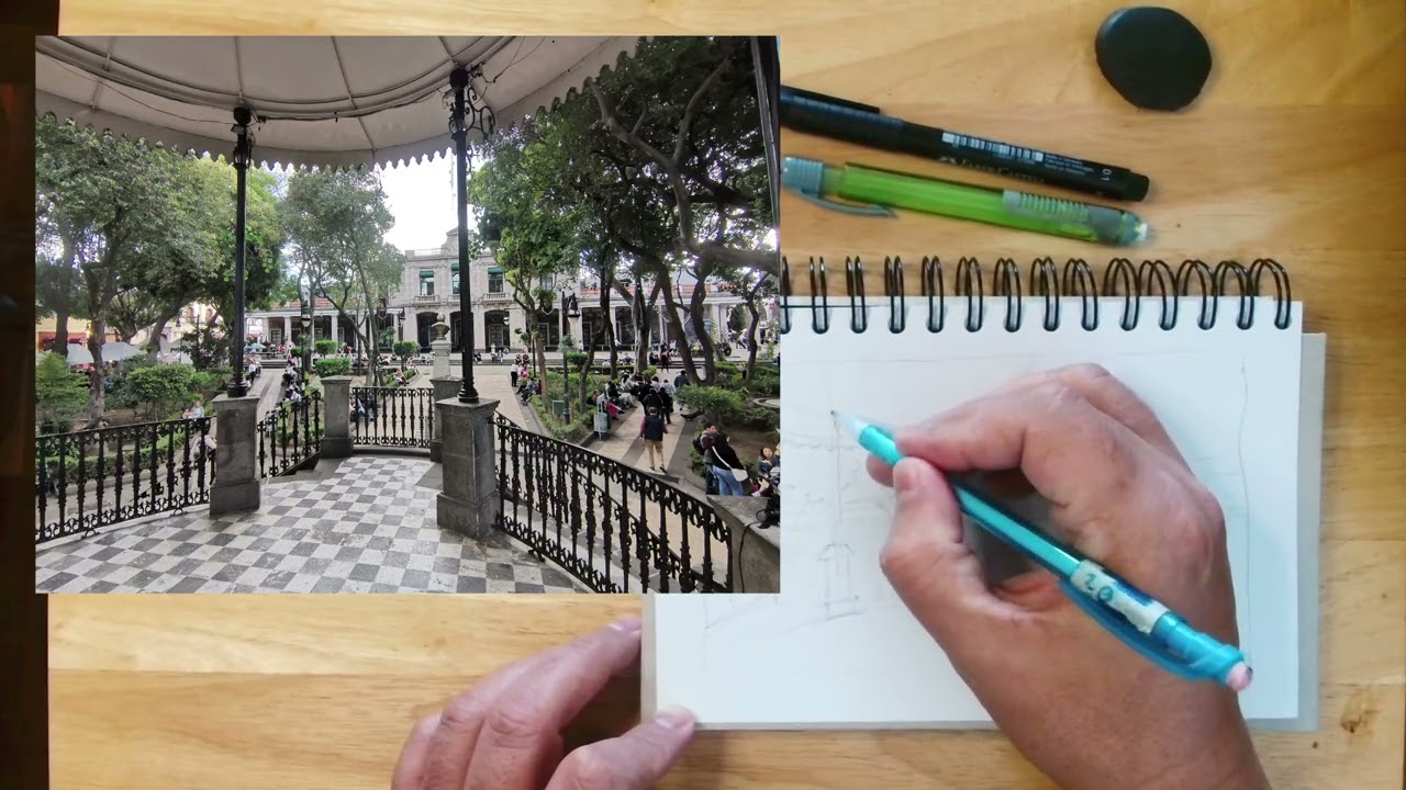 Let's Draw Together: Checkerboard Gazebo Park View. Lo Fi jams, drawing, company, background music,