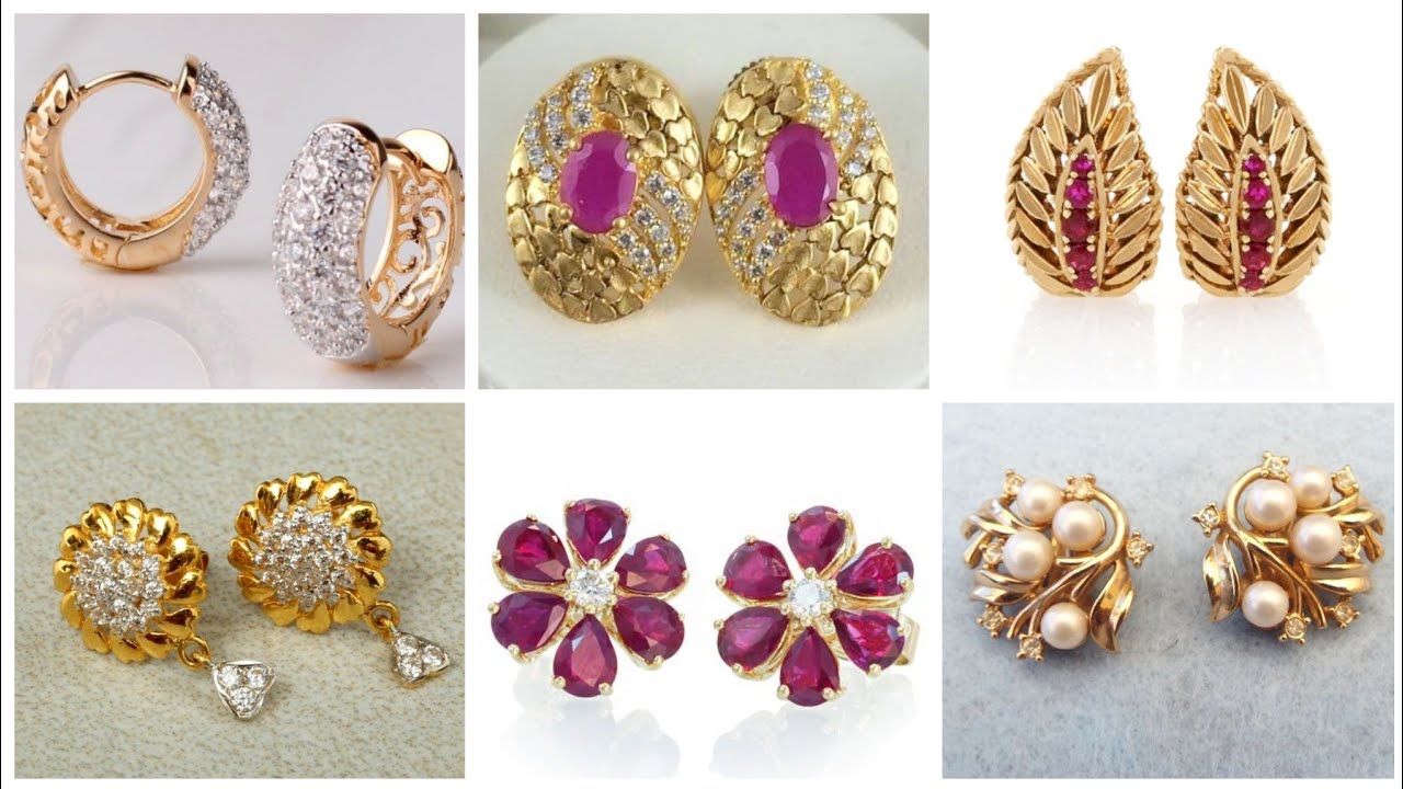 Top Stunning Light Weight Gold Stud Earrings Designs With Rhinestone Ruby And Diamond part 2