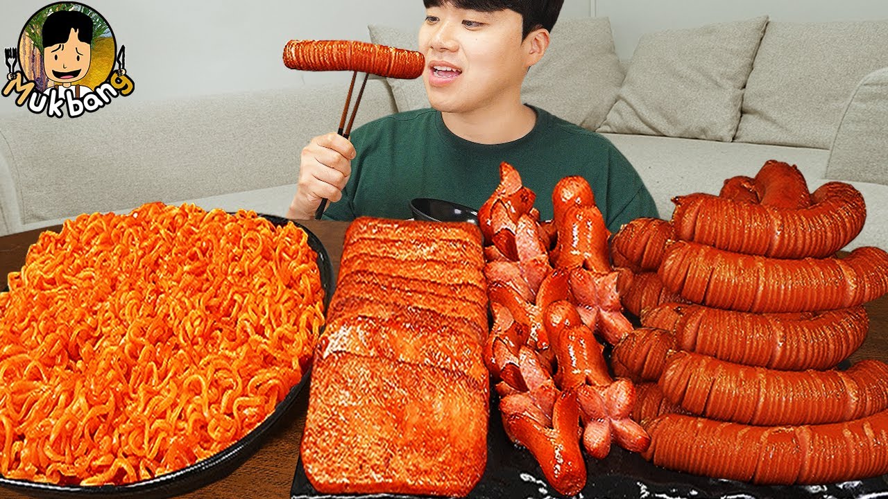 ASMR MUKBANG | острая лапша, спам, кимчи, гигантская колбаса Кильбаса рецепт ! еда
