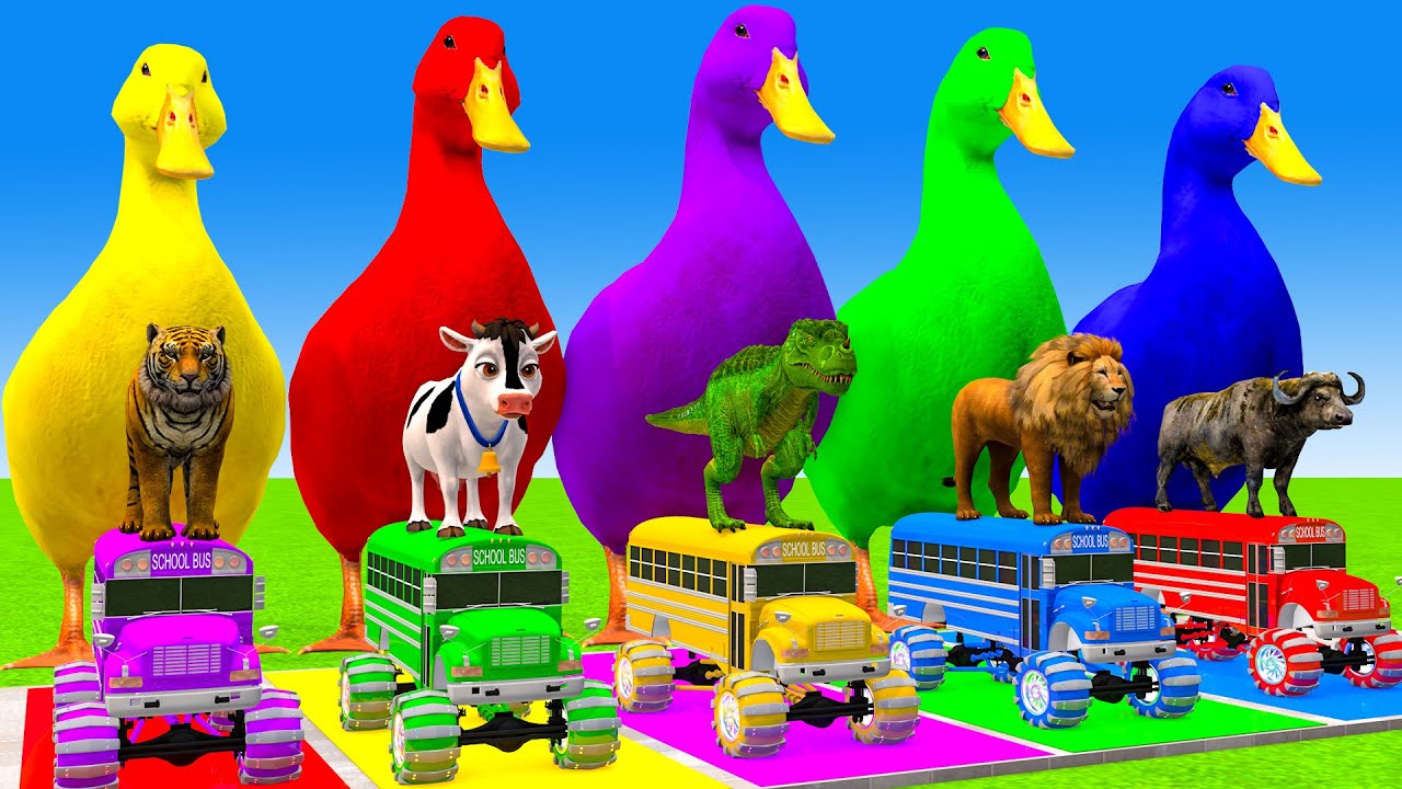 5 Giant Duck Cartoon,Cow,Elephant,Tiger,Lion,Dinosaur,Paint Wild Animals Crossing Fountain Animation